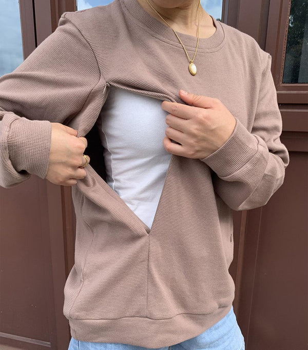 Breastfeeding Waffle Knit Solid Zip Nursing Sweatshirt